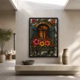 Cottage Window Box with Flowers and Lantern Colorful Metal Wall Art