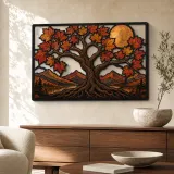 Herbst-Ahornbaum des Lebens in den Bergen – Bunte Metall-Wandkunst