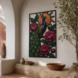 Peacock with Pink Peonies and Copper Sun Colorful Metal Wall Art