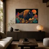 Bison with Cactus in Colorful Southwest Desert Metal Wall Art