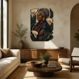 Mujer negra anciana con lirios blancos - Arte mural de metal colorido