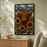 Highland Cow with Sunflowers and Mountain Landscape Colorful Metal Wall Art