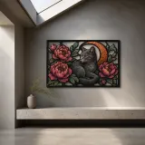 Russian Blue Cat with Pink Peonies and Moon Colorful Metal Wall Art