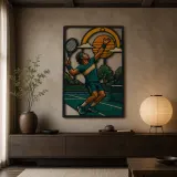 Tennis Player Serving on Outdoor Court Colorful Metal Wall Art