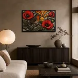 Robin among Red Poppies at Sunrise Colorful Metal Wall Art