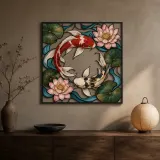 Koi Fish with Lotus Flowers in Ocean Currents Colorful Metal Wall Art