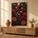 Red Octopus with Coral and Botanical Flowers Colorful Metal Wall Art