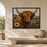 Highland Cow with Colorful Meadow Flowers Metal Wall Art