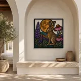 Rabbit with Coneflowers beneath Full Moon Colorful Metal Wall Art