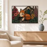 Red Fox beside Flowered Stone Cottage Colorful Metal Wall Art