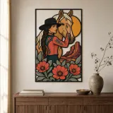 Cartel de metal colorido de vaquera con caballo palomino y amapolas del desierto