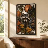 Waschbär im Herbstwald unter kupferner Mond - Bunte Metall-Wandkunst