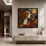 Beagle with Autumn Leaves and Full Moon Colorful Metal Wall Art
