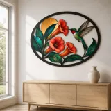 Hummingbird with Orange Trumpet Vine Flowers Colorful Metal Wall Art