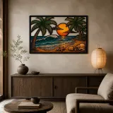 Tropical Beach with Palm Trees at Sunset Colorful Metal Wall Art