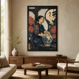 Vasaio Giapponese con Gru, Fiori e Luna Insegna in Metallo Colorata