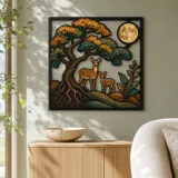Tree of Life with Deer Family and Full Moon Colorful Metal Wall Art