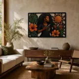 Coiffeuse noire avec hibiscus et monstera Art mural en métal coloré