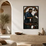 Auto Mechanic Rebuilding Engine in Workshop Colorful Metal Wall Art