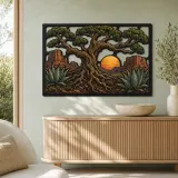 Desert Oak Tree of Life with Agave Sunset Colorful Metal Wall Art
