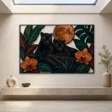 Black Panther Pair with Orchids and Full Moon Colorful Metal Wall Art