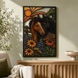 Two Horses with Wildflowers and Sunrise Colorful Metal Wall Art