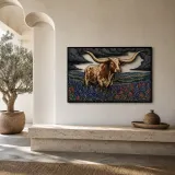 Texas Longhorn in Bluebonnet Field beneath Storm Clouds Colorful Metal Wall Art