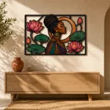Afro Woman with Lotus Flowers and Copper Circle Colorful Metal Wall Art