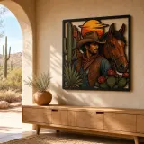 Cowboy with Bay Horse Cactus and Wildflowers Colorful Metal Wall Art