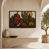 Desert Cactus Garden with Colorful Wildflowers Metal Wall Art