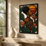 Afro Woman with Bird of Paradise Flowers Colorful Metal Wall Art