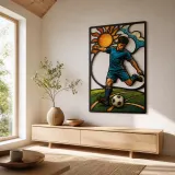 Soccer Player Kicking Ball beneath Radiant Sun Colorful Metal Wall Art