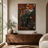 Klassisches Motorrad auf herbstlicher Bergstraße - Bunte Metall-Wandkunst
