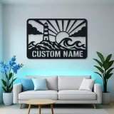 Personalized Lighthouse Metal Wall Art with Ocean Waves
