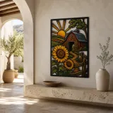 Red Barn with Sunflowers at Sunrise Colorful Metal Wall Art