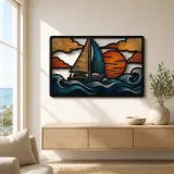 Sailboat on Rolling Ocean Waves at Sunset Colorful Metal Wall Art