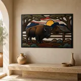 Bison beside Rustic Ranch Barn at Sunset Colorful Metal Wall Art