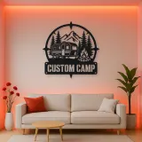 Personalized Travel Trailer Metal Wall Art with Campfire Scene