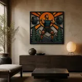 Weightlifter Pressing Barbell in Mountain Gym Colorful Metal Wall Art