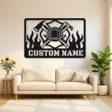 Personalized Firefighter Helmet Metal Wall Art with Flames