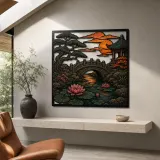 Japanese Garden Bridge with Pine and Sunset Colorful Metal Wall Art
