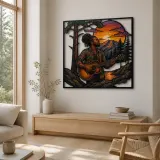 Acoustic Guitarist by Mountain Lake at Sunset Colorful Metal Wall Art