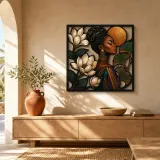 Afro Woman with Magnolia Flowers and Copper Moon Colorful Metal Wall Art