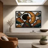 Afro Woman Embracing Crescent Moon among Clouds Colorful Metal Wall Art
