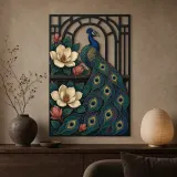 Peacock with Magnolia Flowers in Art Deco Frame Colorful Metal Wall Decor