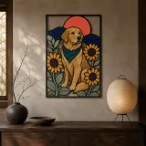 Golden Retriever with Sunflowers and Red Sun Colorful Metal Wall Art