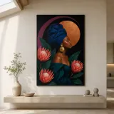 Black Woman in Blue Headwrap with Protea Flowers Colorful Metal Wall Art