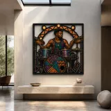 Black Drummer Performing in Colorful Art Deco Style Metal Wall Decor