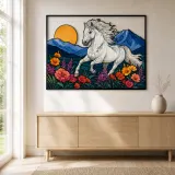 White Horse Running through Mountain Wildflowers Colorful Metal Wall Art