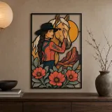 Cowgirl with Palomino Horse and Desert Poppies Colorful Metal Wall Art